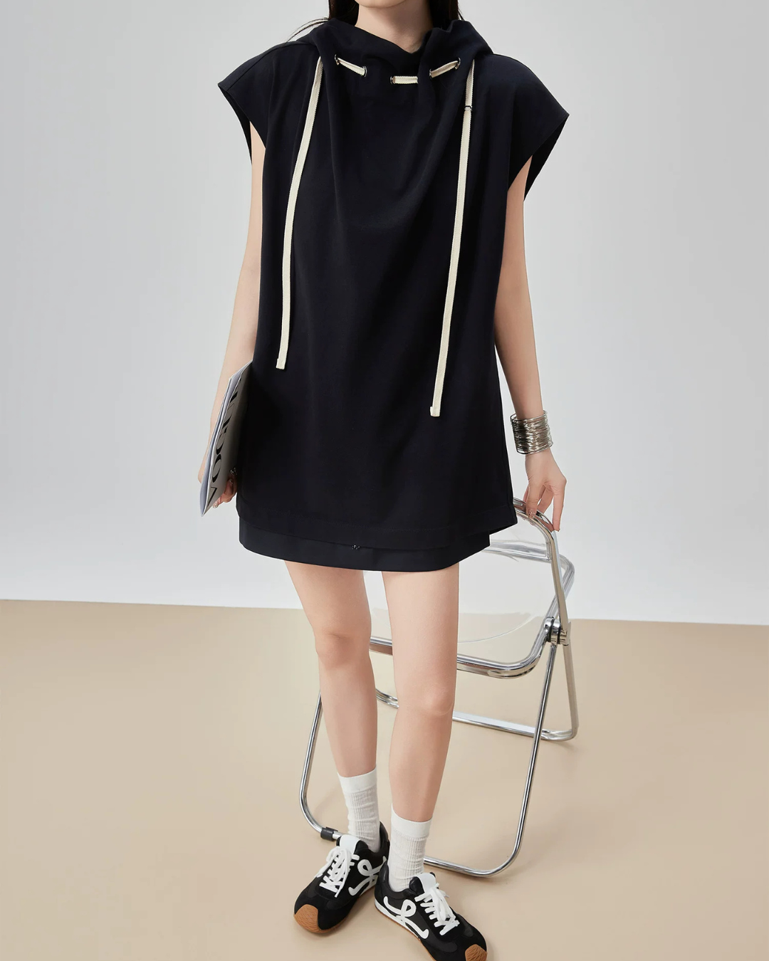 High-Neck Drawstring French Sleeve Top FER0222
