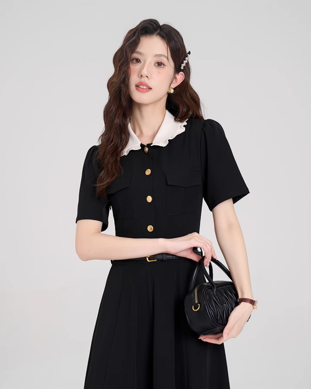 Gold Button Long Dress LSN0016