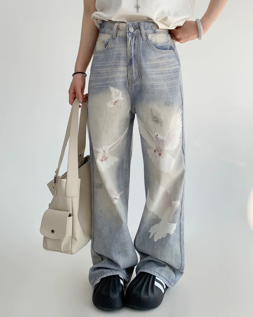 Bird Print Wide Denim Pants YLS0825