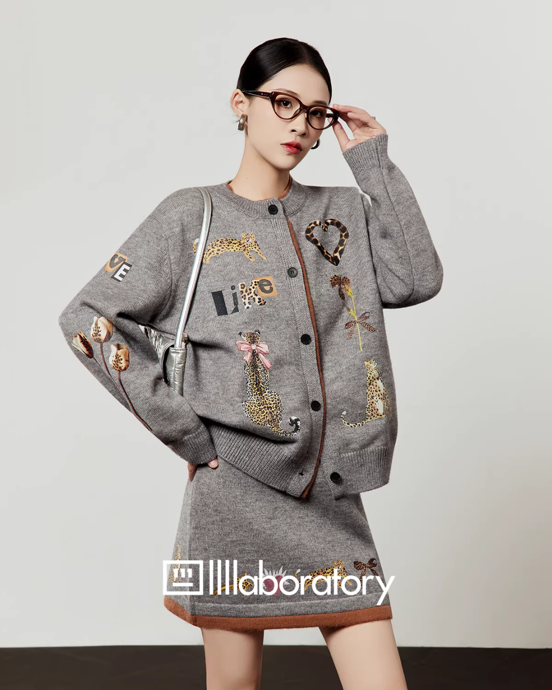 Leopard Print Gray Knit / Knit Mini Skirt LLA0638