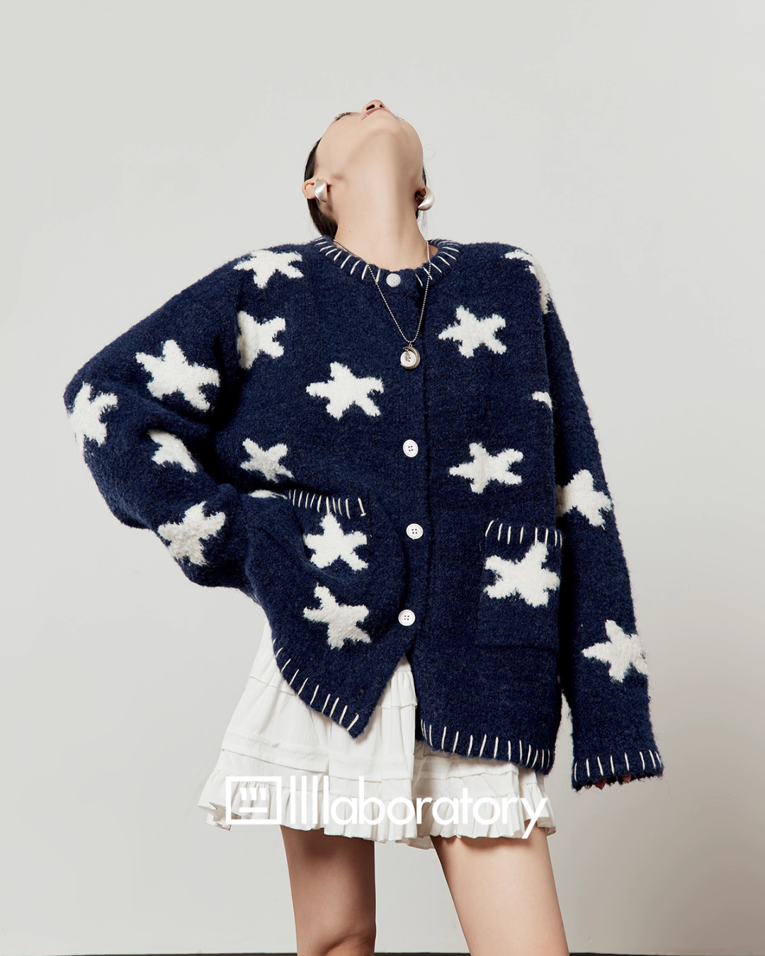 Star Jacquard Round Neck Cardigan / Tiered Design Skirt LLA0529