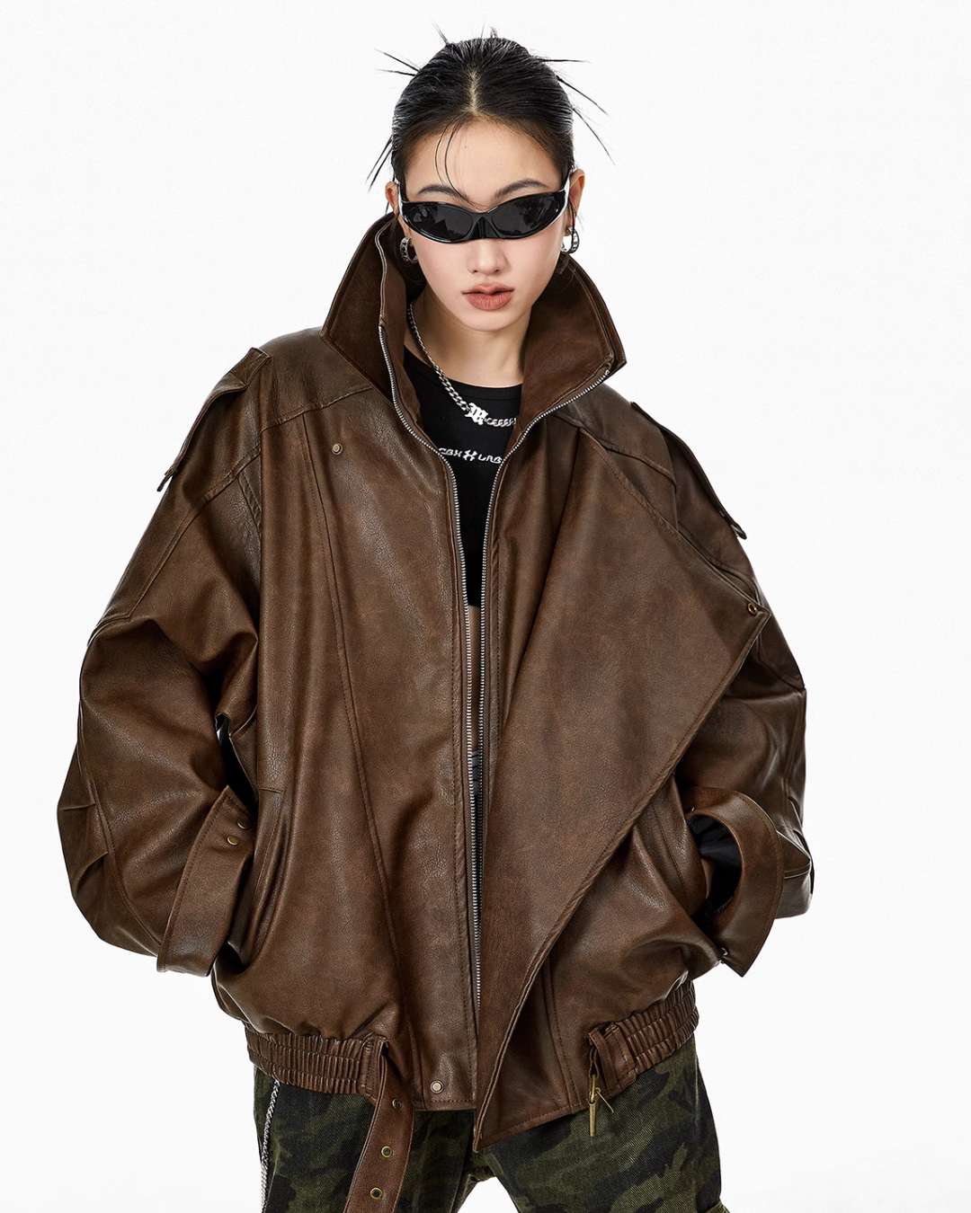 Stand Collar Volume Leather Jacket ICM0063