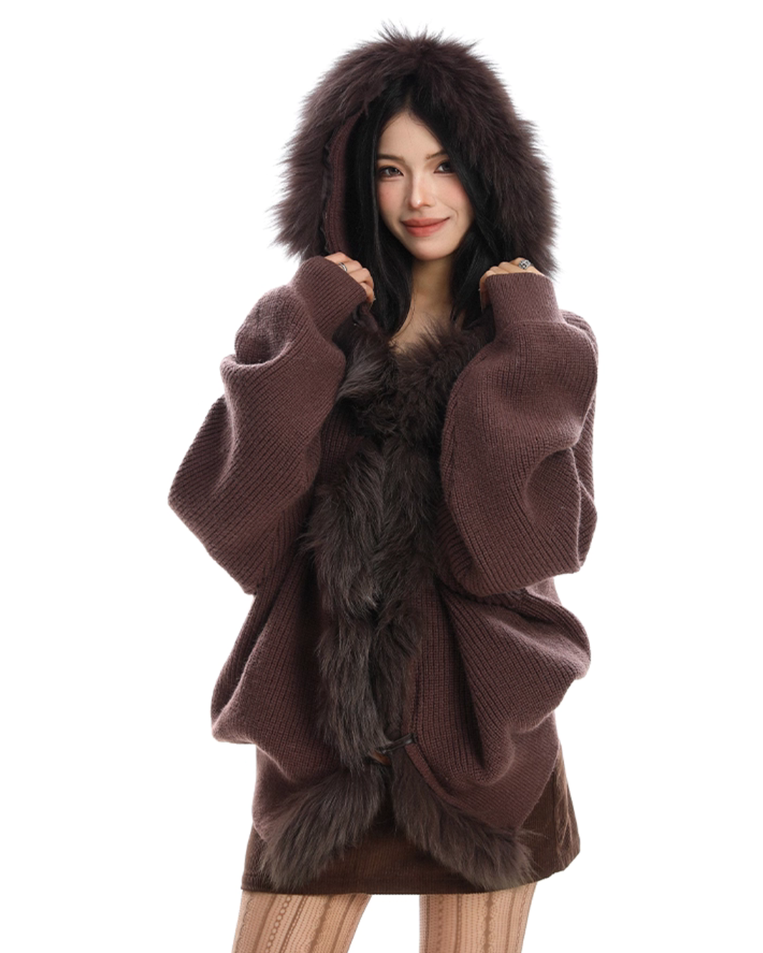 Fur Hood Zip Up Knit BGS0018
