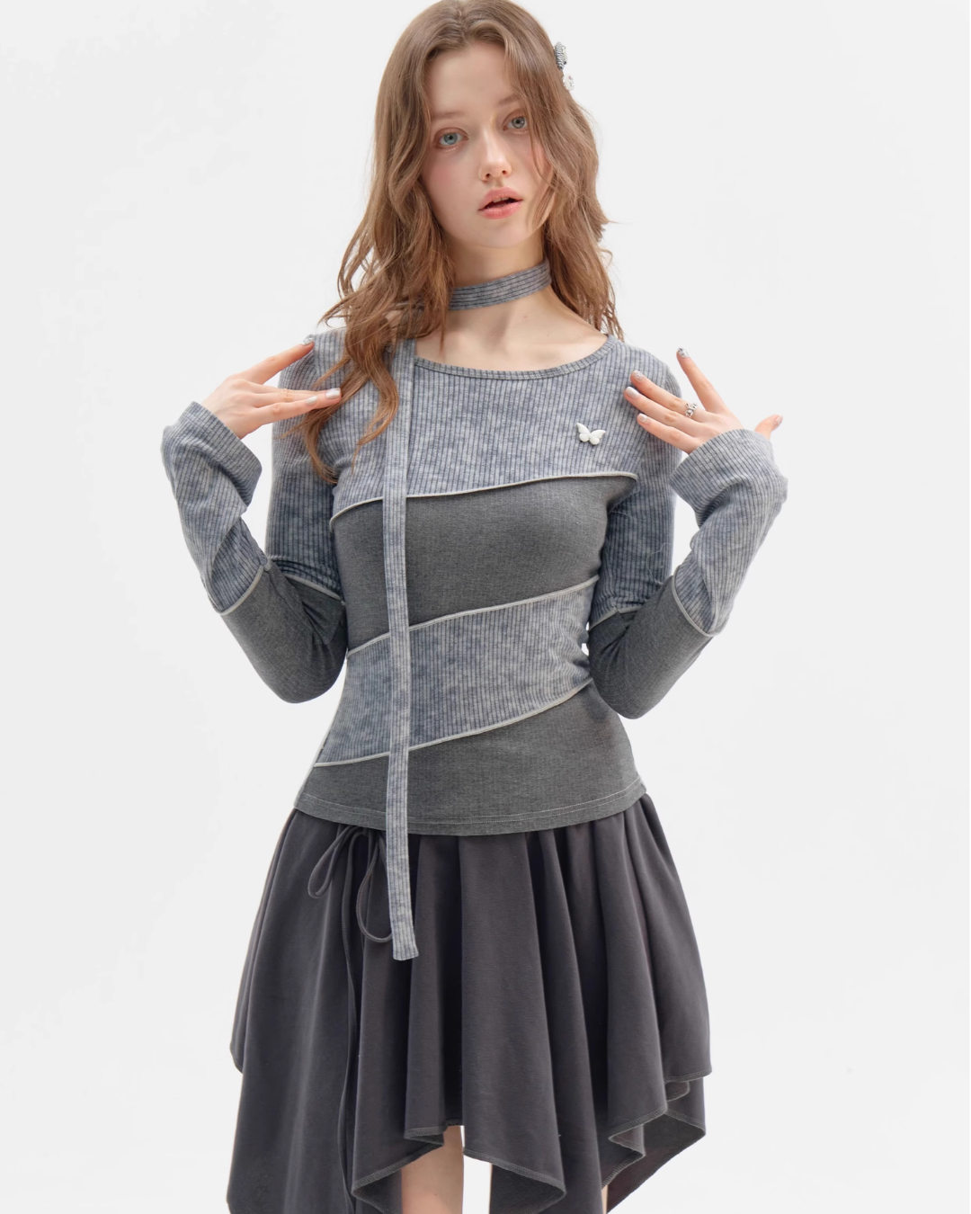 Diagonal Design Top with Choker ZZF0362