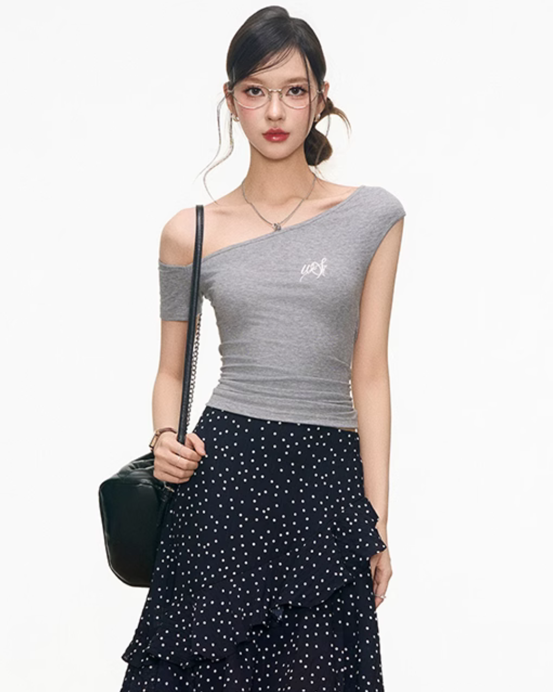 Gray Off-Shoulder Top / Navy Blue Polka Dot Long Skirt WEO0033
