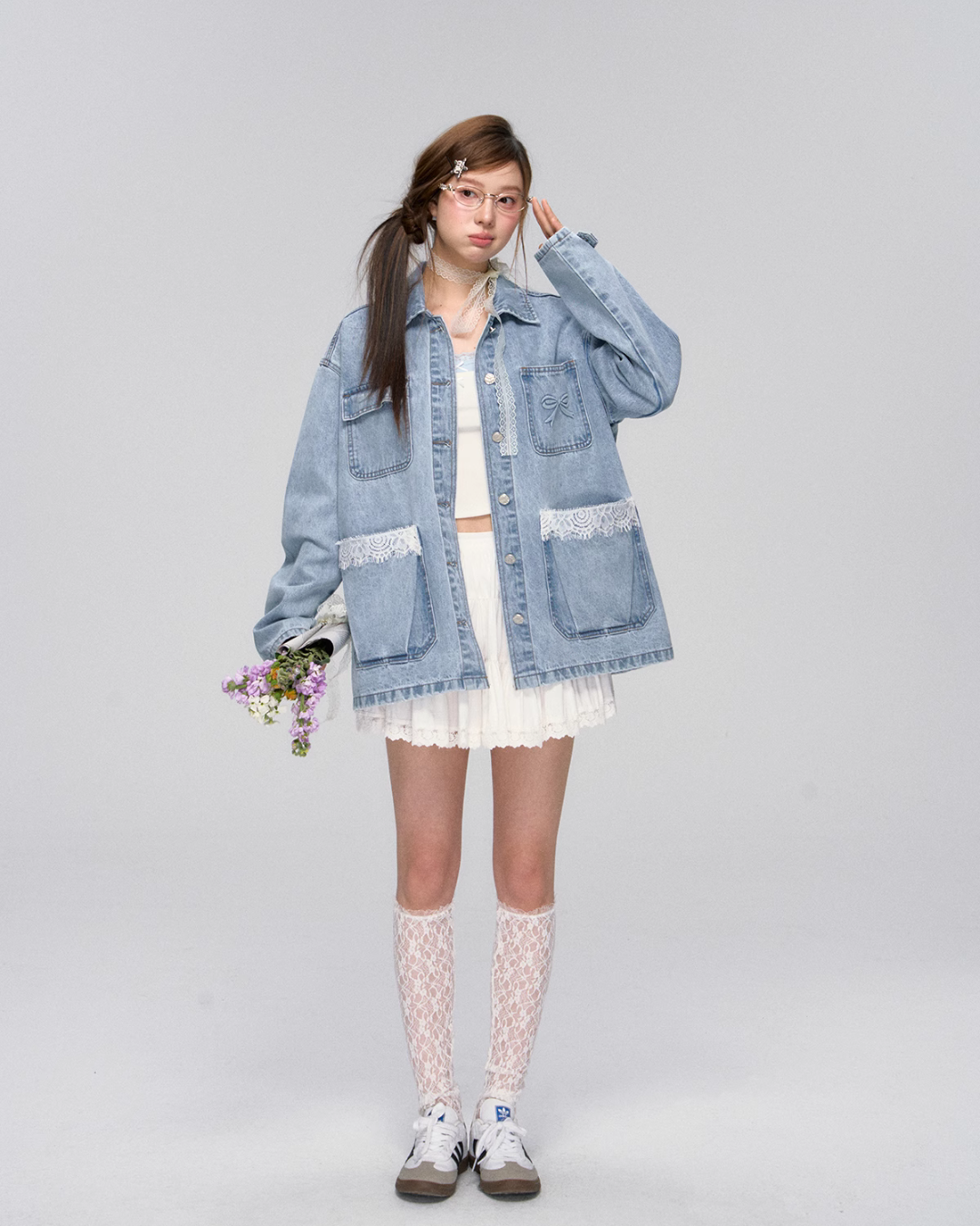 Lace Pocket Denim Jacket / Cropped Lace Camisole ASG0029