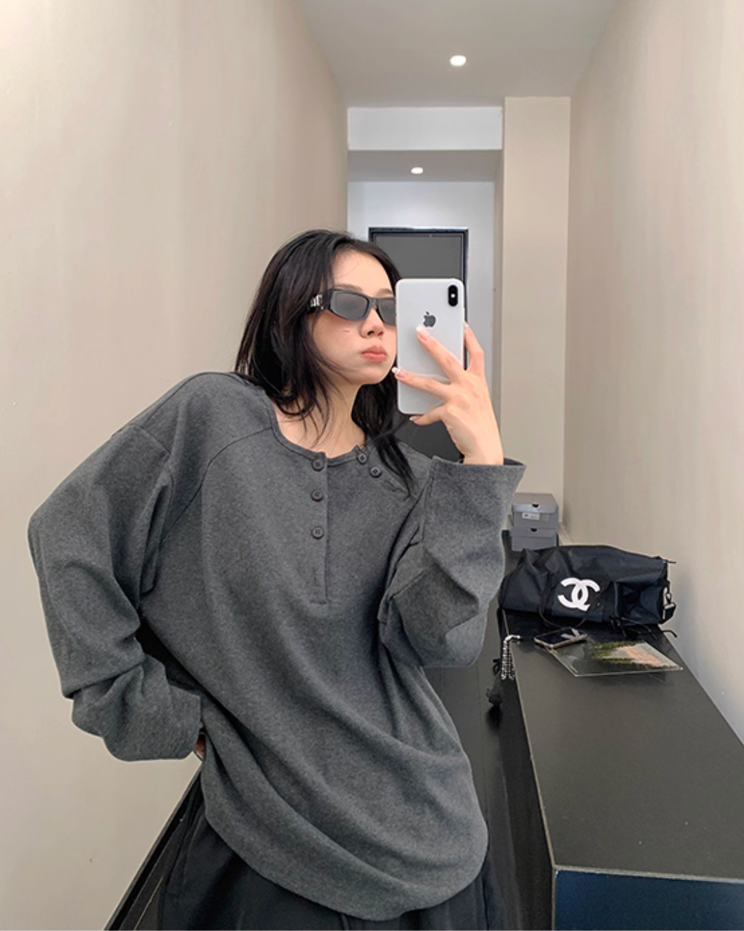 Half Button Loose Top YLS0985