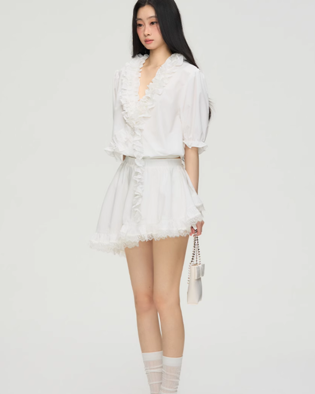 V-Neck Cream Lace Top / Asymmetrical Lace Skirt PUC0014
