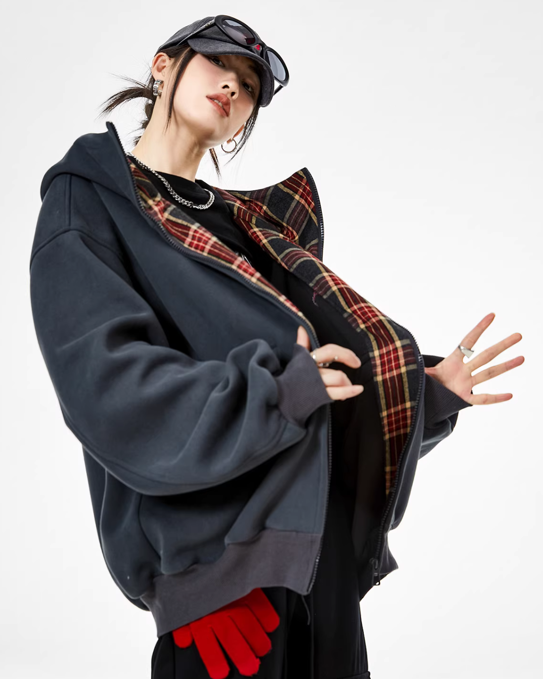 Retro Plaid Stitched Zip Hoodie ICM0069