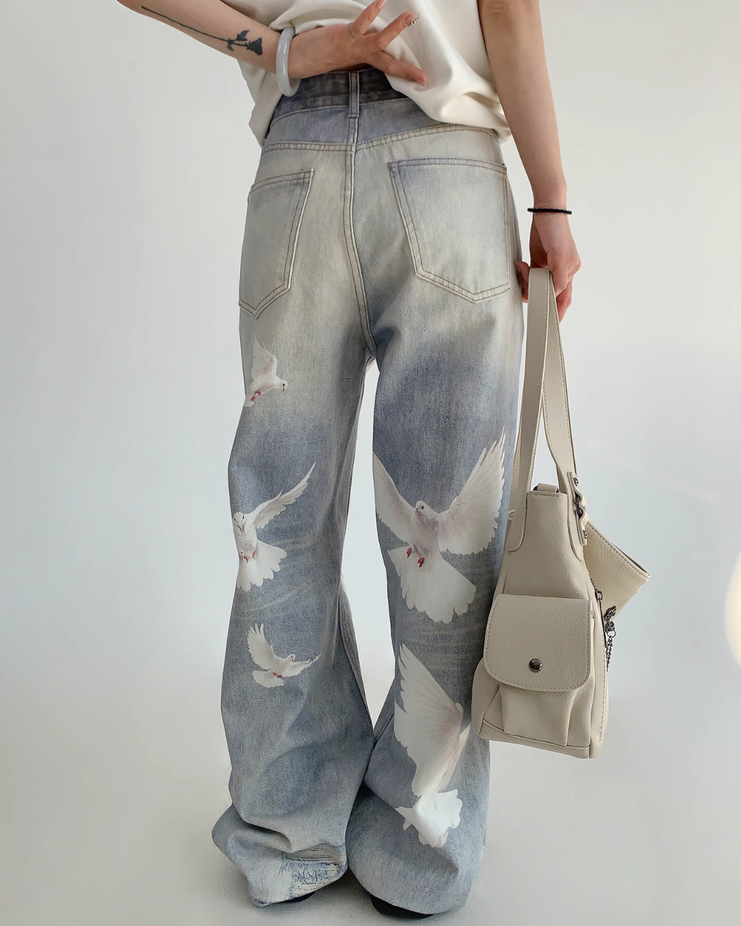 Bird Print Wide Denim Pants YLS0825