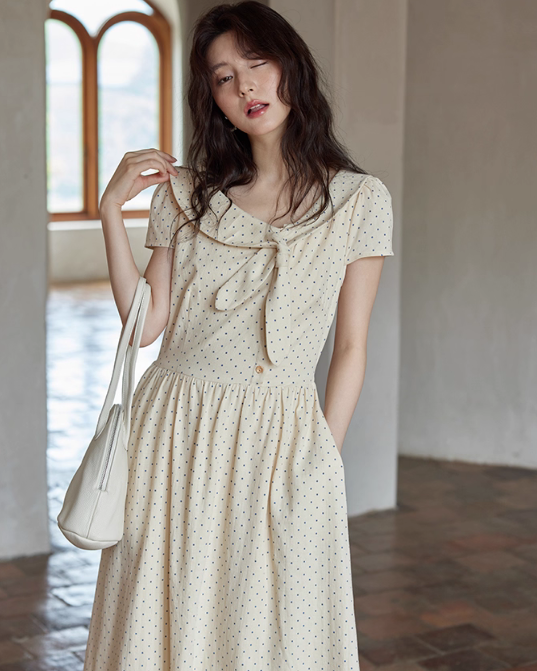 Ribbon Collar Polka Dot Dress SMS0022