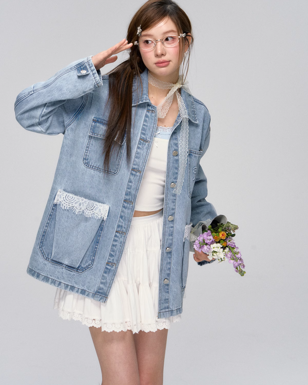Lace Pocket Denim Jacket / Cropped Lace Camisole ASG0029