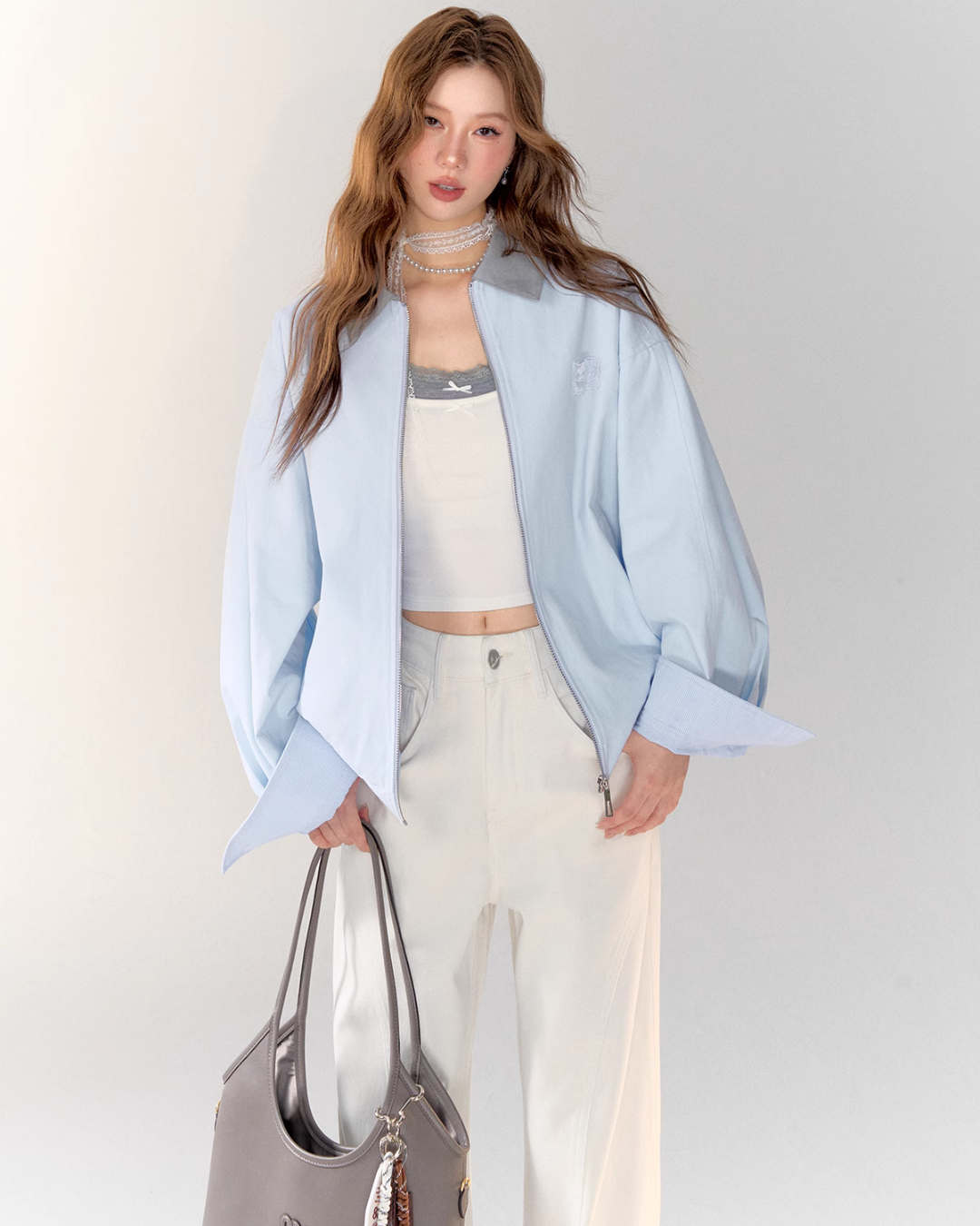 Light Sea Salt Blue Jacket / White Wide Pants ASG0021