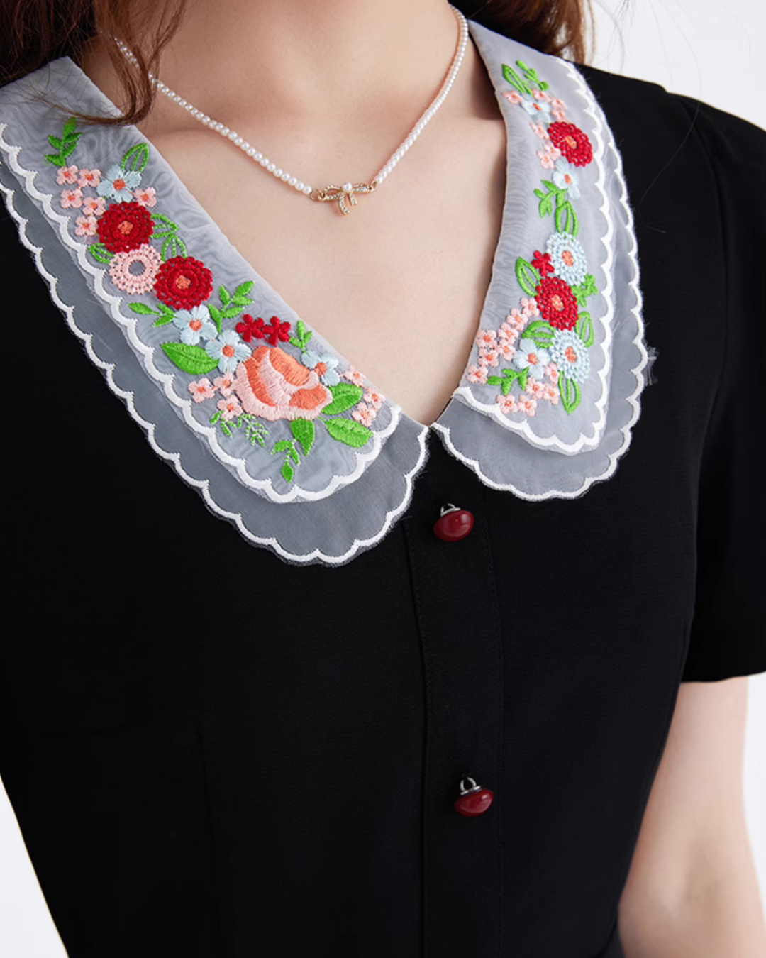 Flower Embroidery Collar Long Dress LSN0005