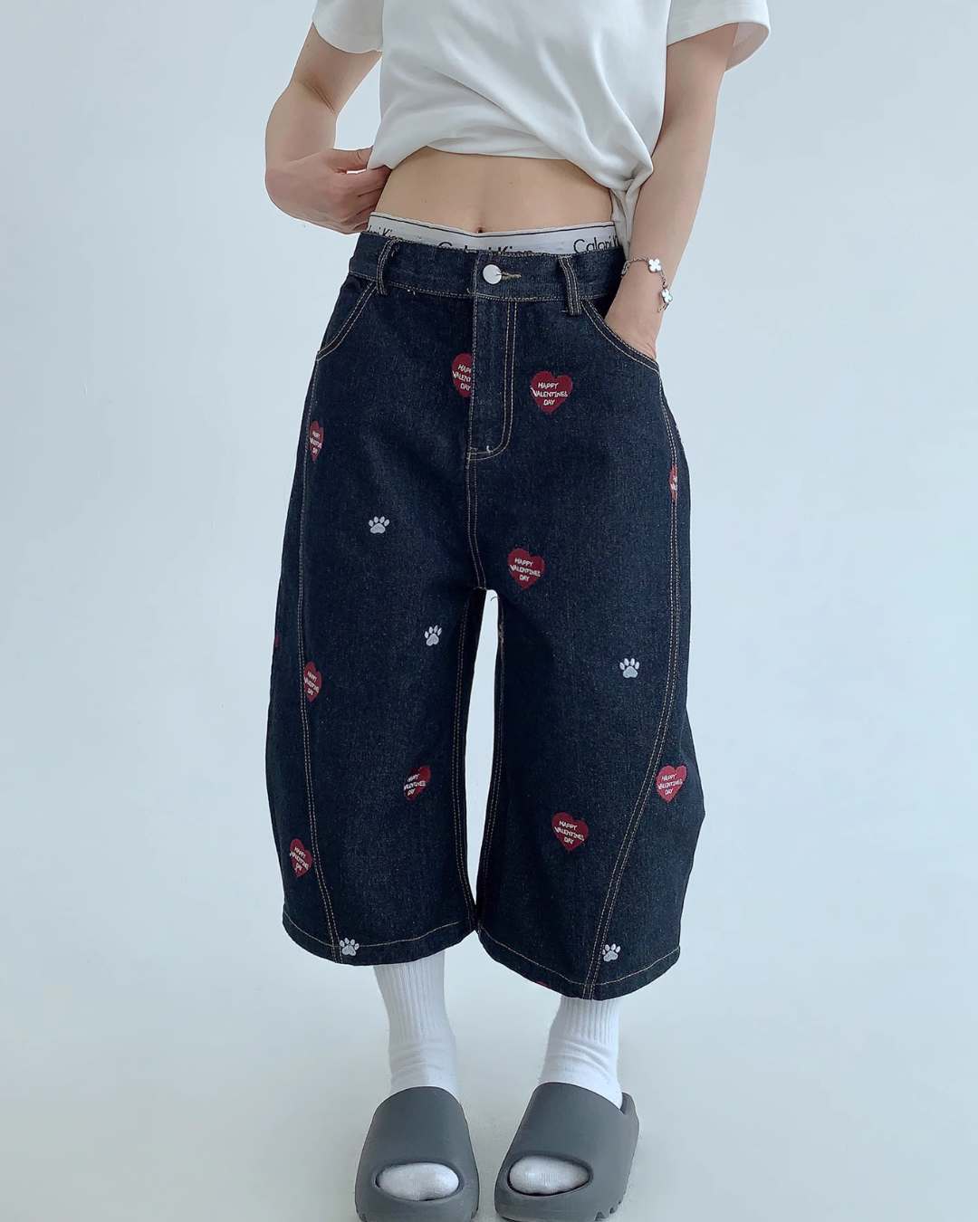 Heart Embroidery Design Wide Denim Pants YLS0851