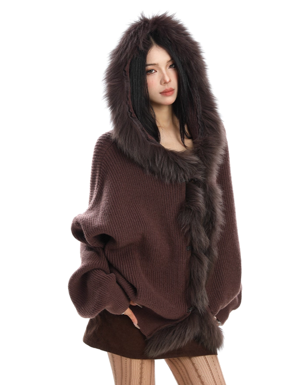 Fur Hood Zip Up Knit BGS0018