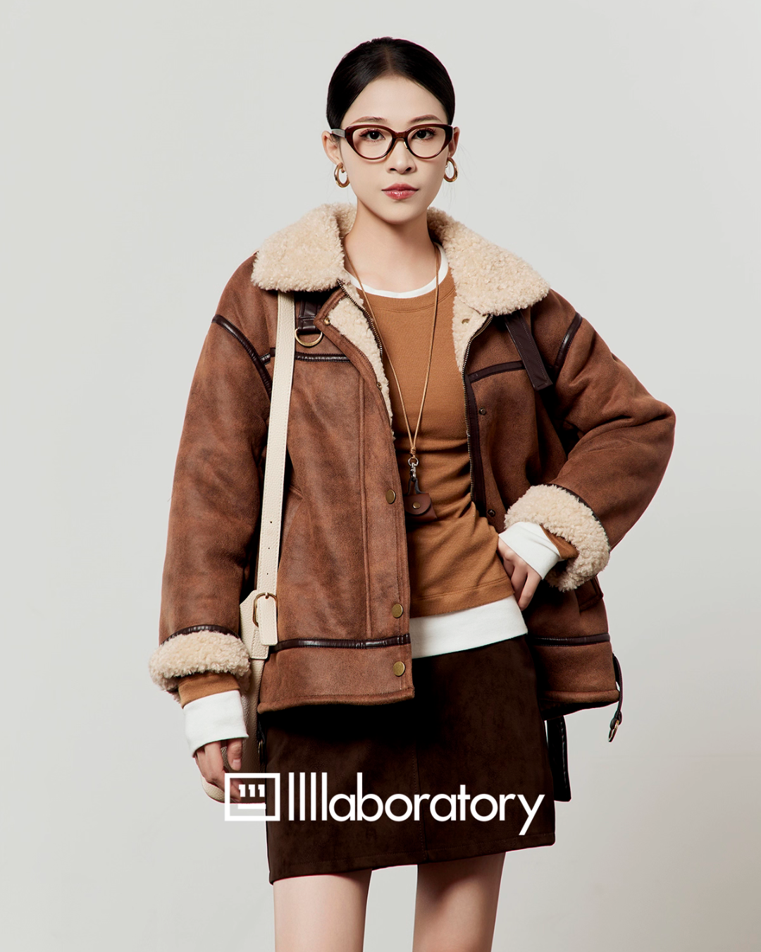 Stand Collar Mouton Jacket / Suede Mini Skirt LLA0572