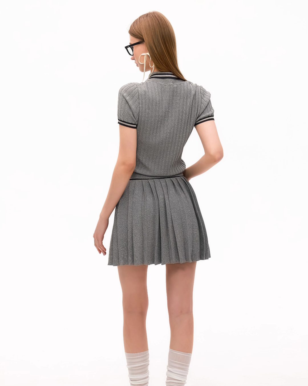 Polo Rib Knit Top / Pleated Skirt MDB0001