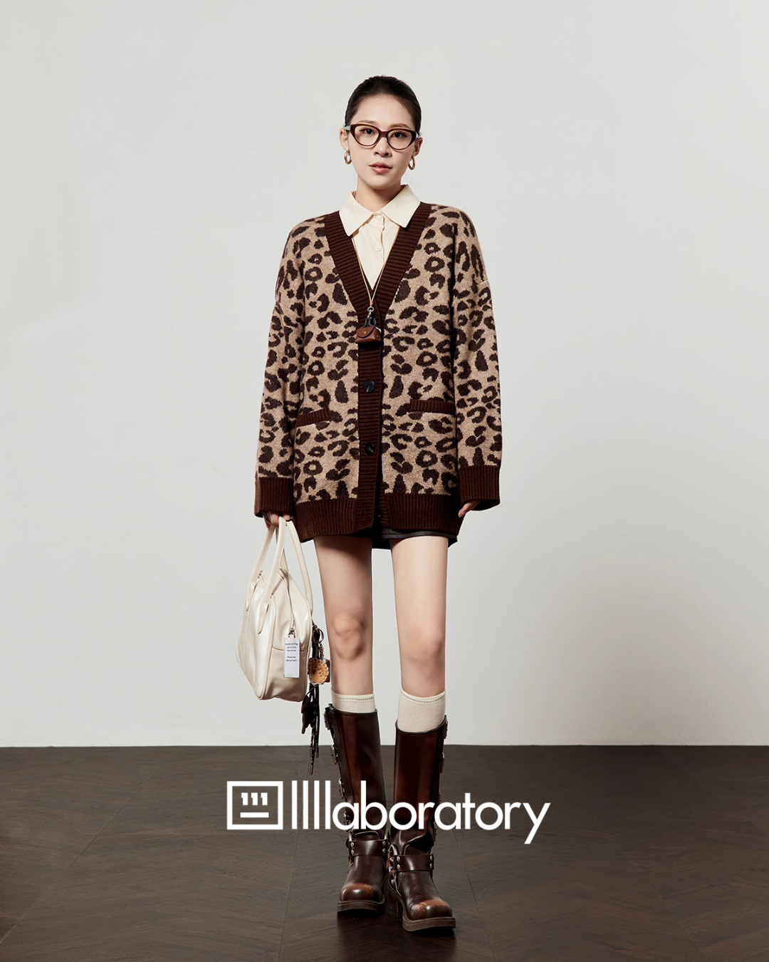 V-Neck Leopard Knit Cardigan / Leather Mini Skirt / Apricot Shirt LLA0531