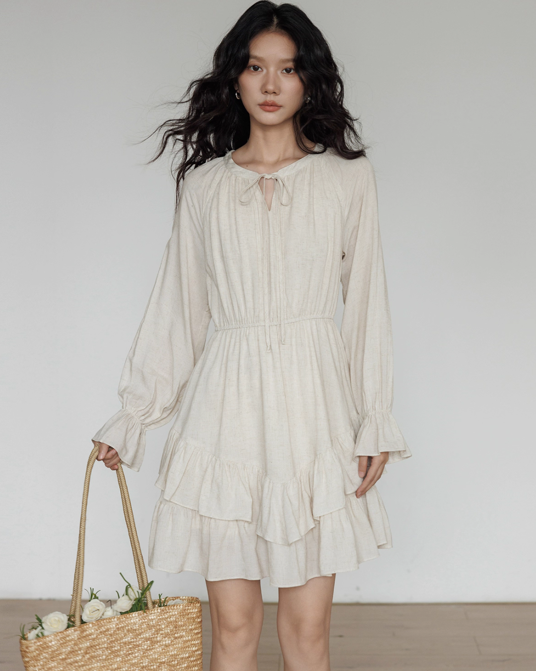 Round Neck Linen Long Sleeve Dress VAS0152