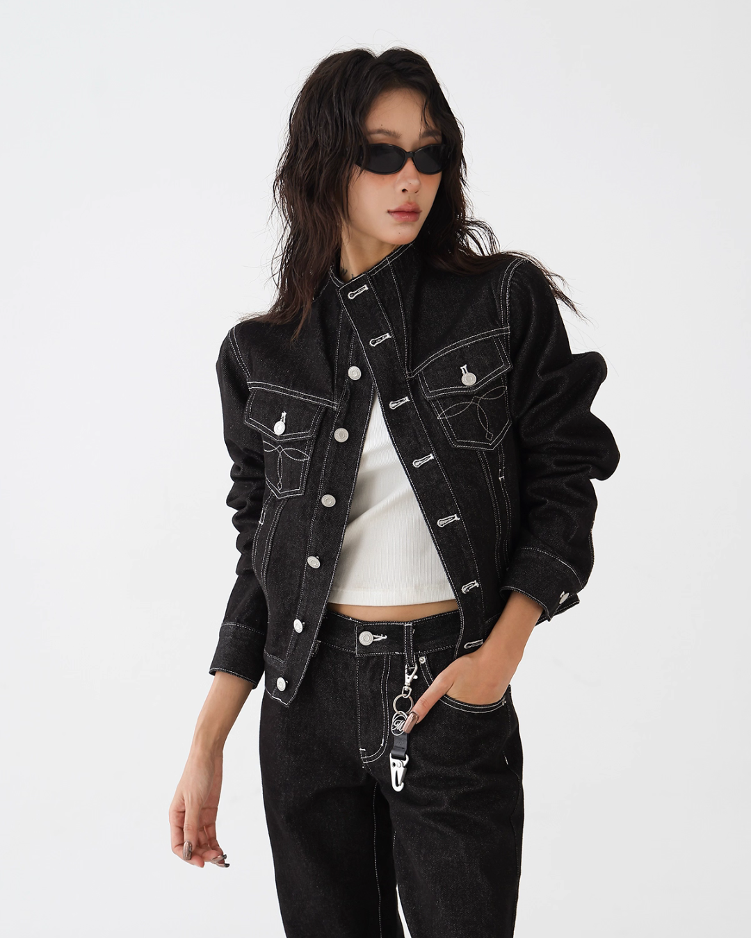 High Neck Stitch Denim Jacket / Wide Denim Pants ACS0265