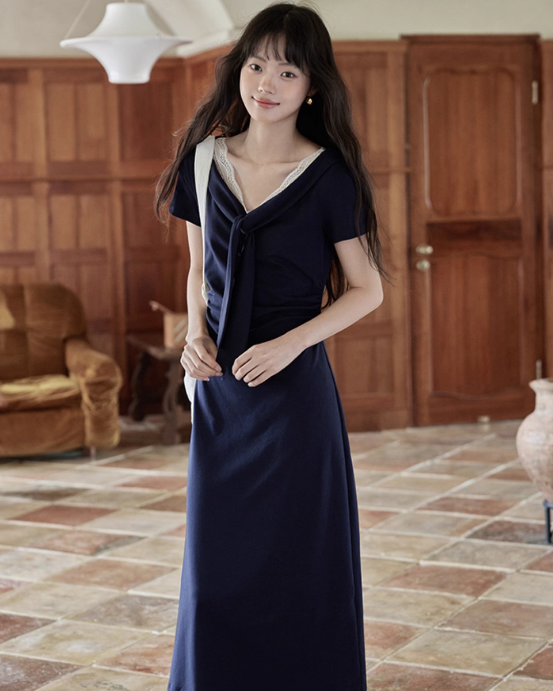 V-neck Navy Blue Dress SMS0025
