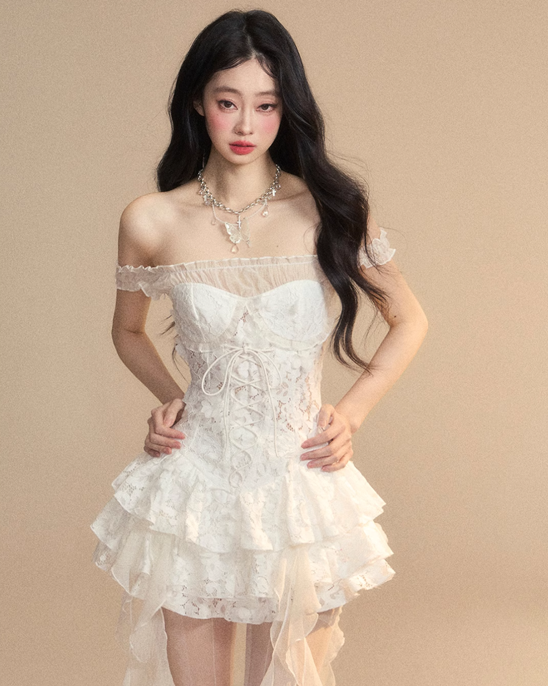 Off-shoulder lace ruffle dress LAS0022
