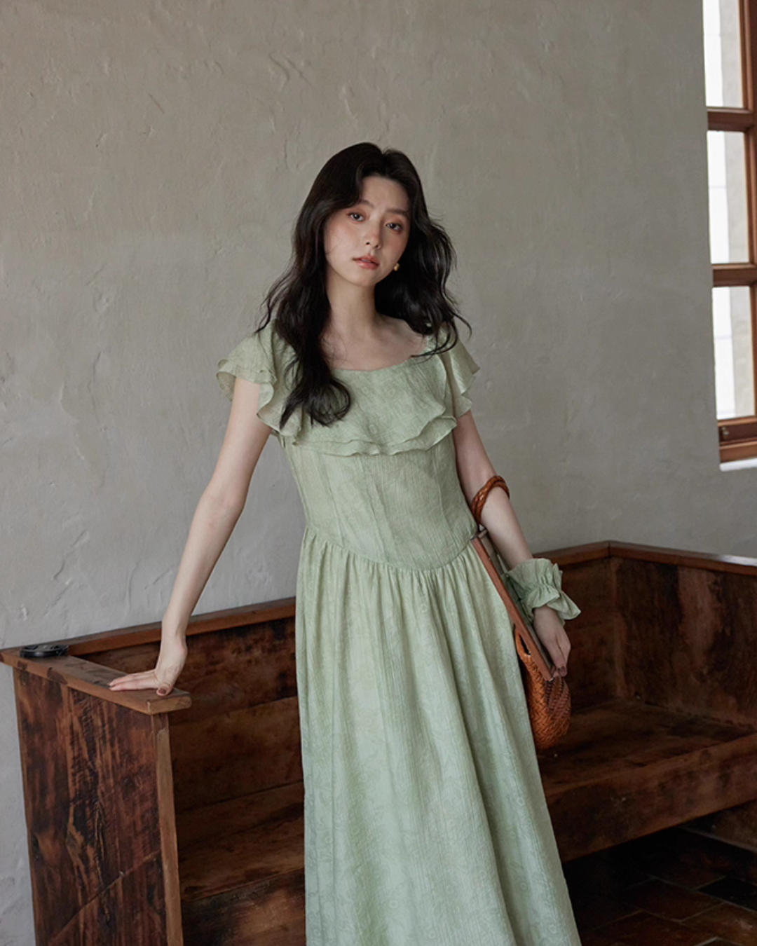 Frill Collar Green Long Dress SMS0012