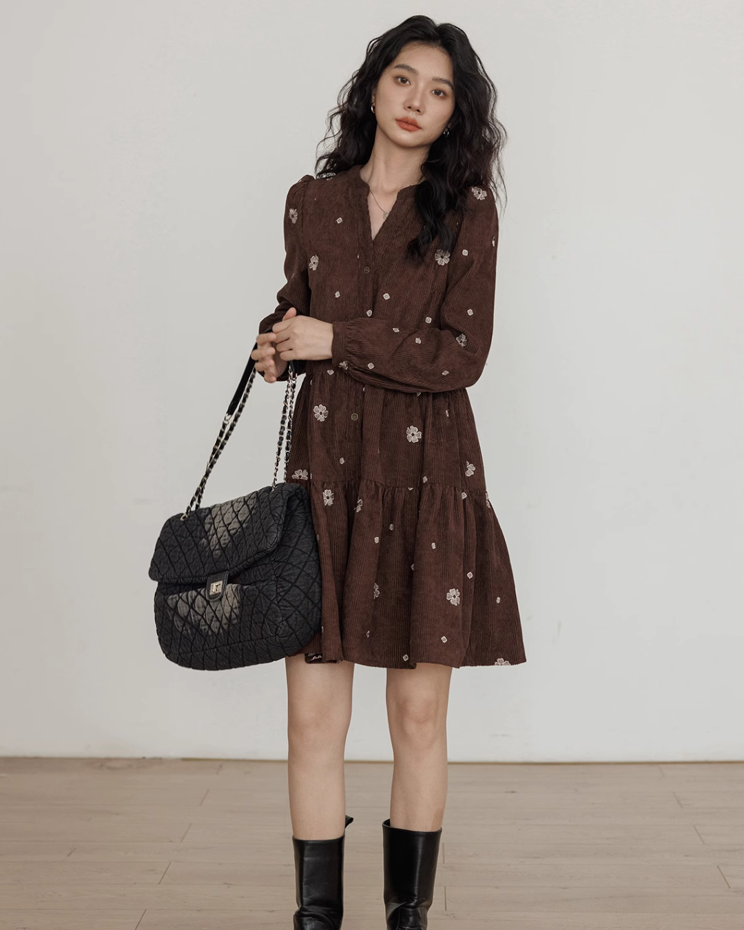 V-Neck Flower Embroidered Dress VAS0001
