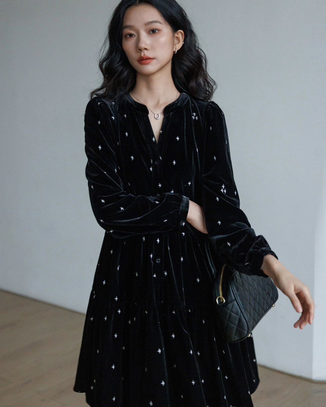 French Star Embroidery Velvet Dress VAS0128