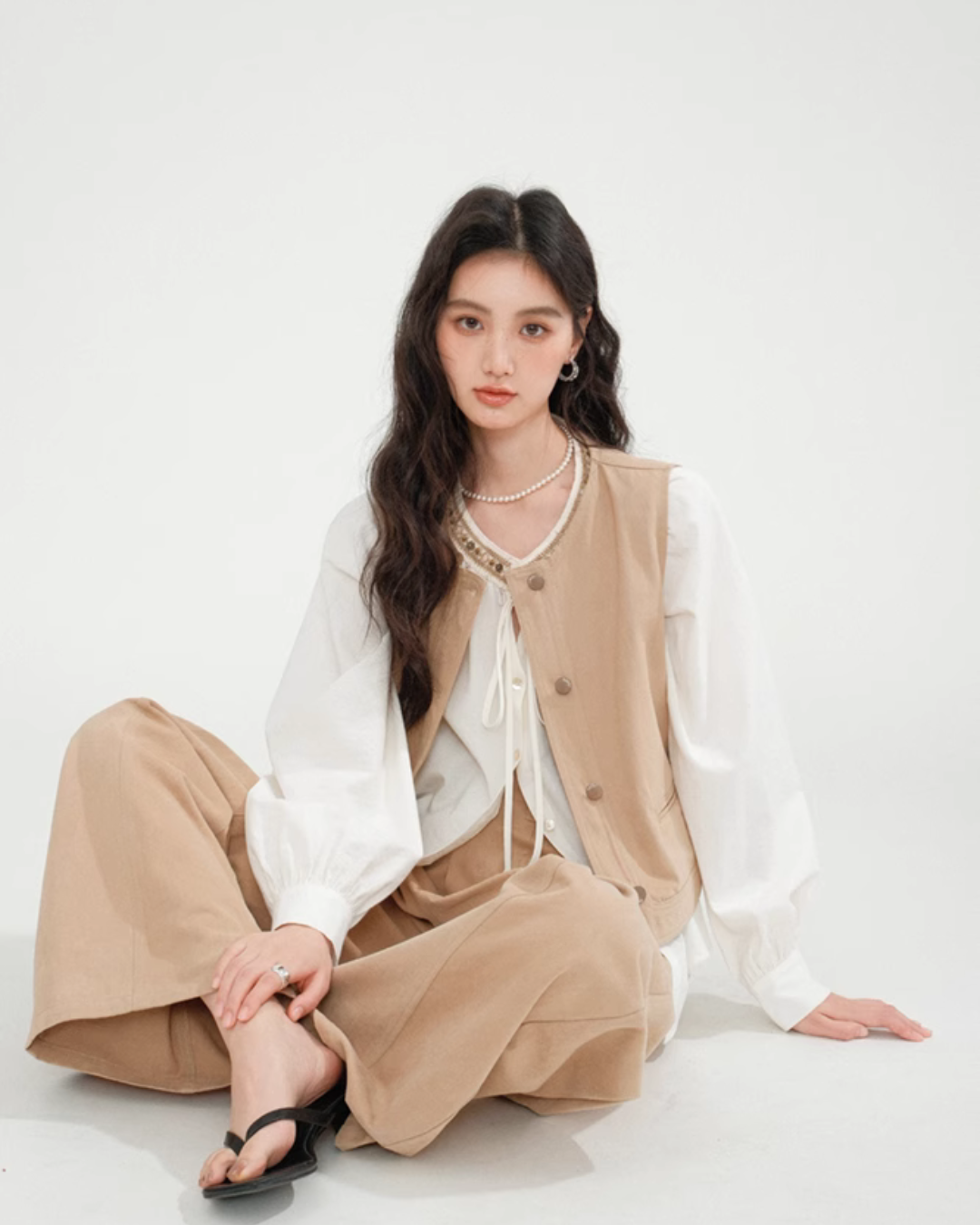 No Collar Balloon Sleeve Top / Vest / Pants CHS0002