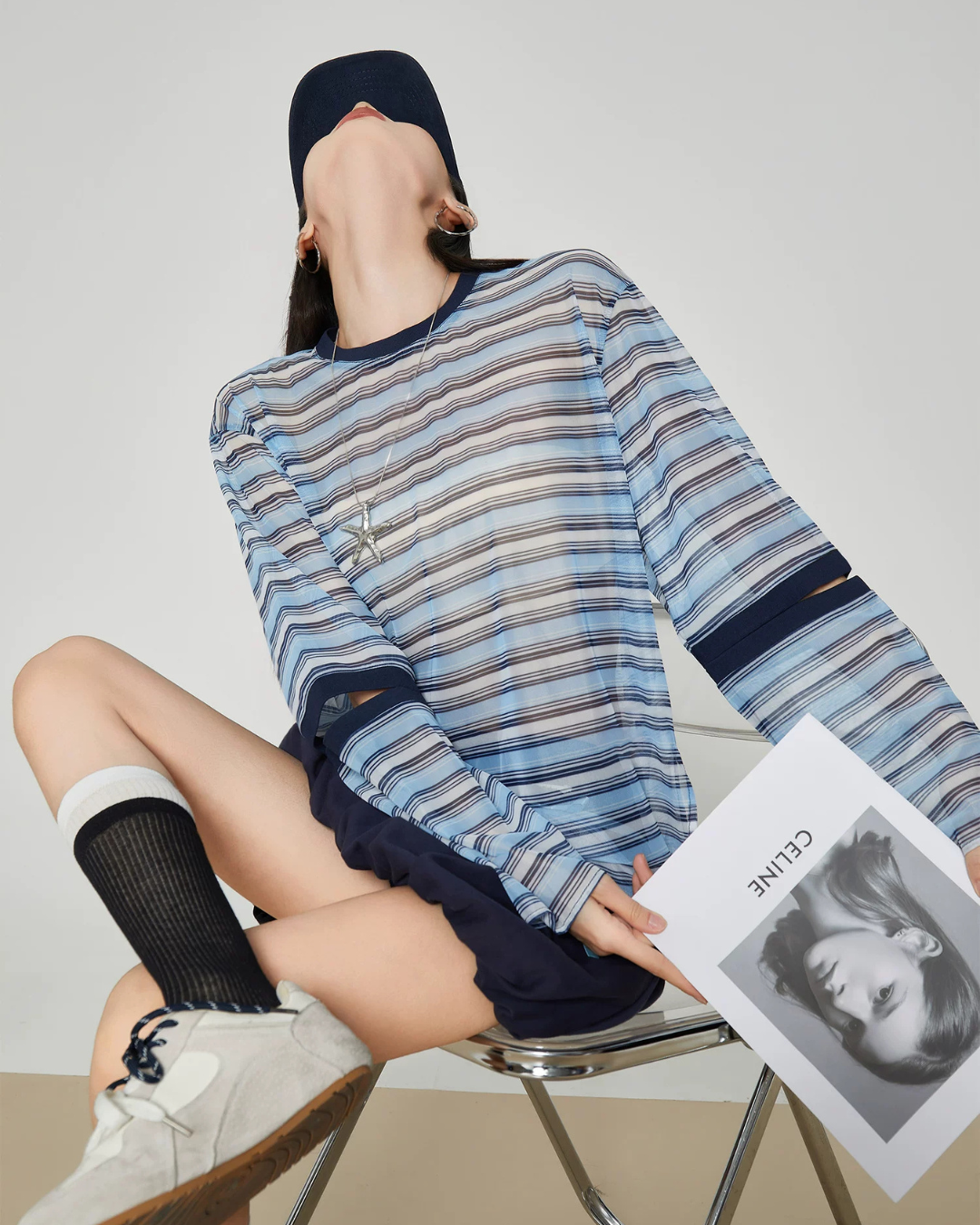 Striped Mesh Long-Sleeve T-Shirt FER0362