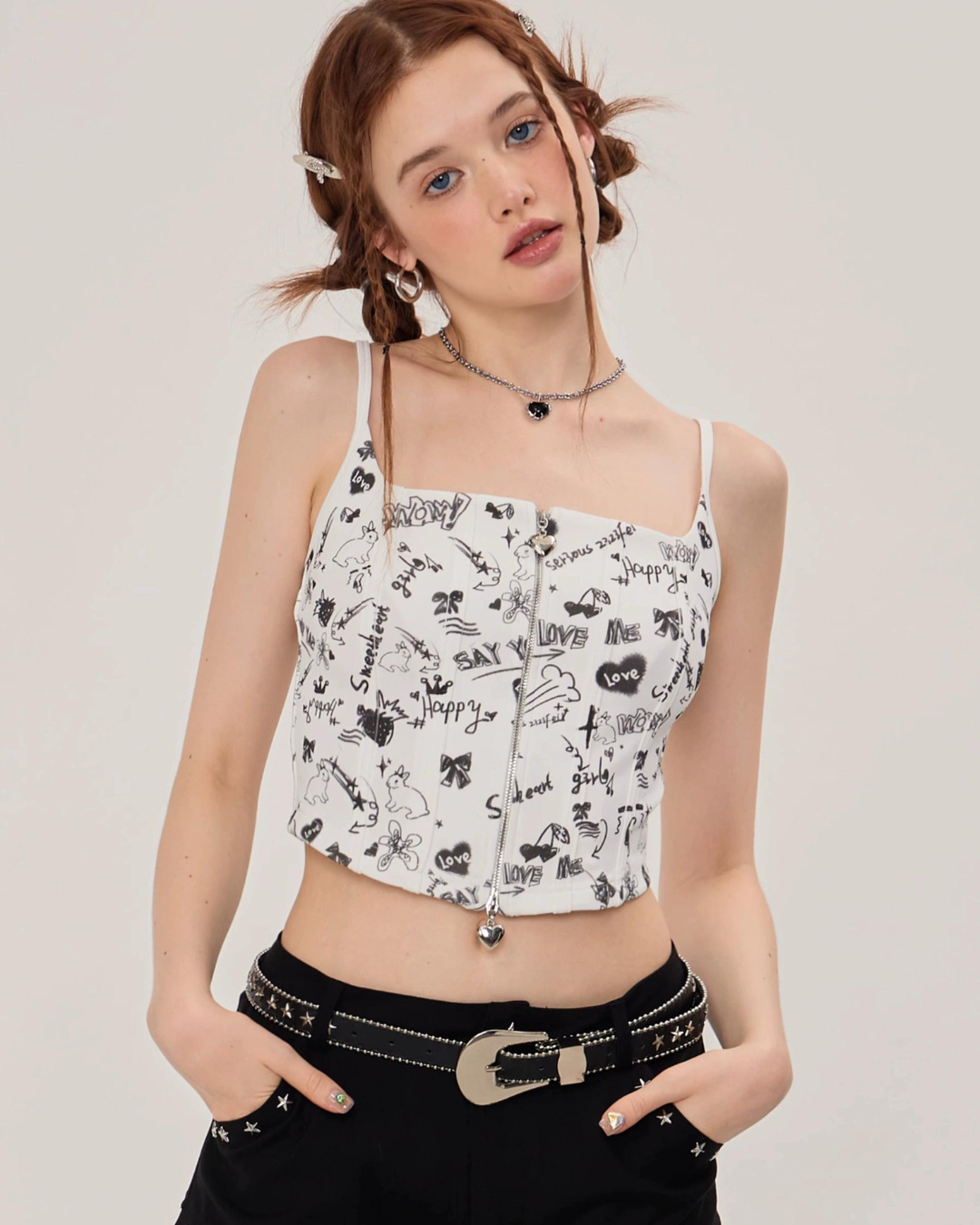 Graffiti Printed Zip Rib Camisole ZZF0252