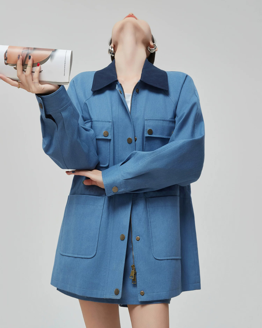 Blue Turn Collar Jacket / Work Skirt FER0376