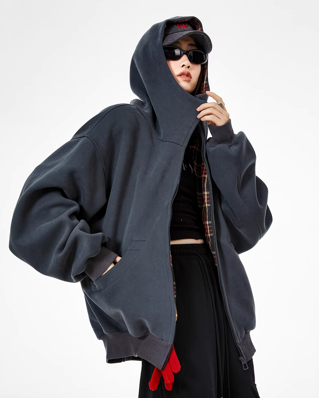 Retro Plaid Stitched Zip Hoodie ICM0069