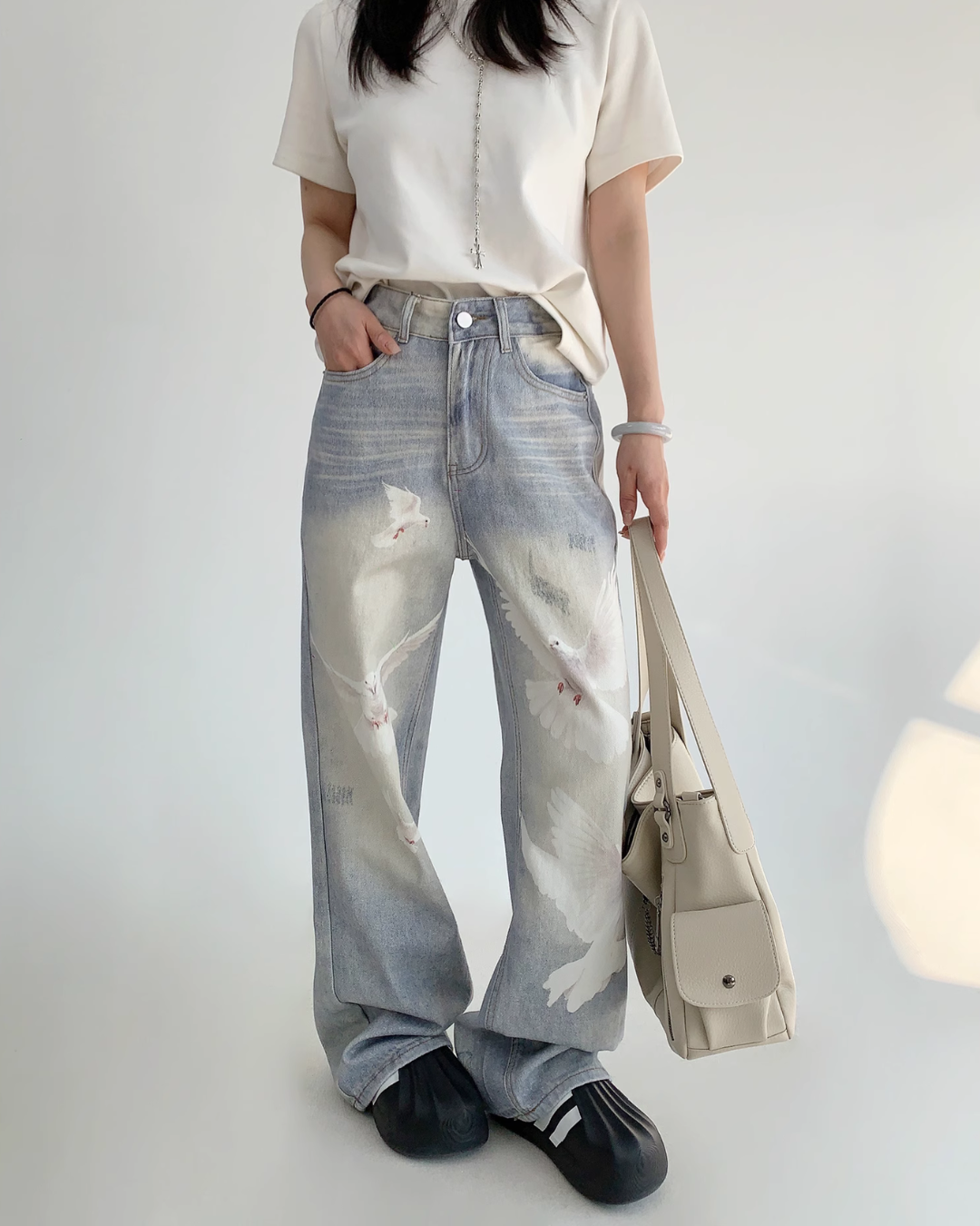 Bird Print Wide Denim Pants YLS0825