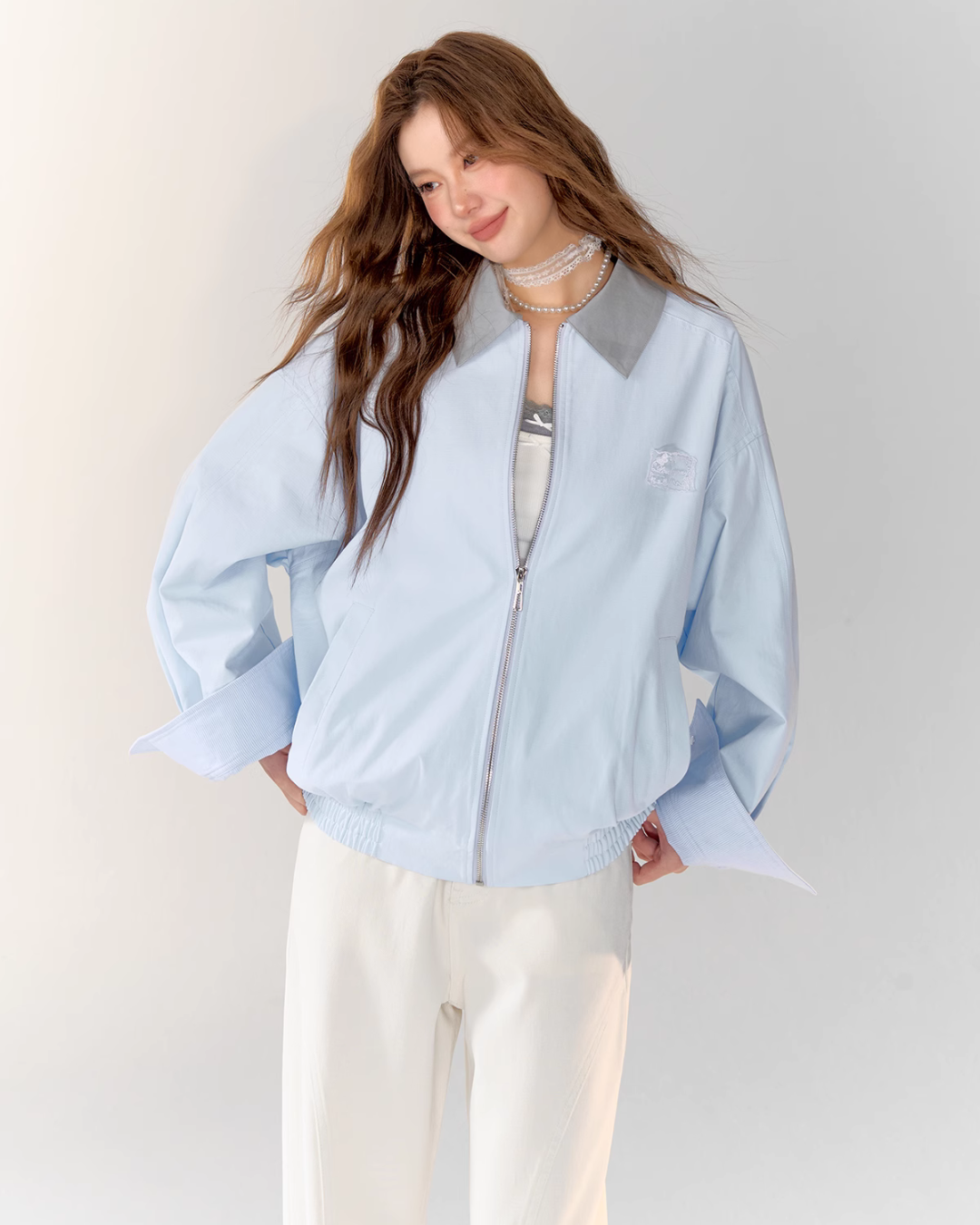 Light Sea Salt Blue Jacket / White Wide Pants ASG0021