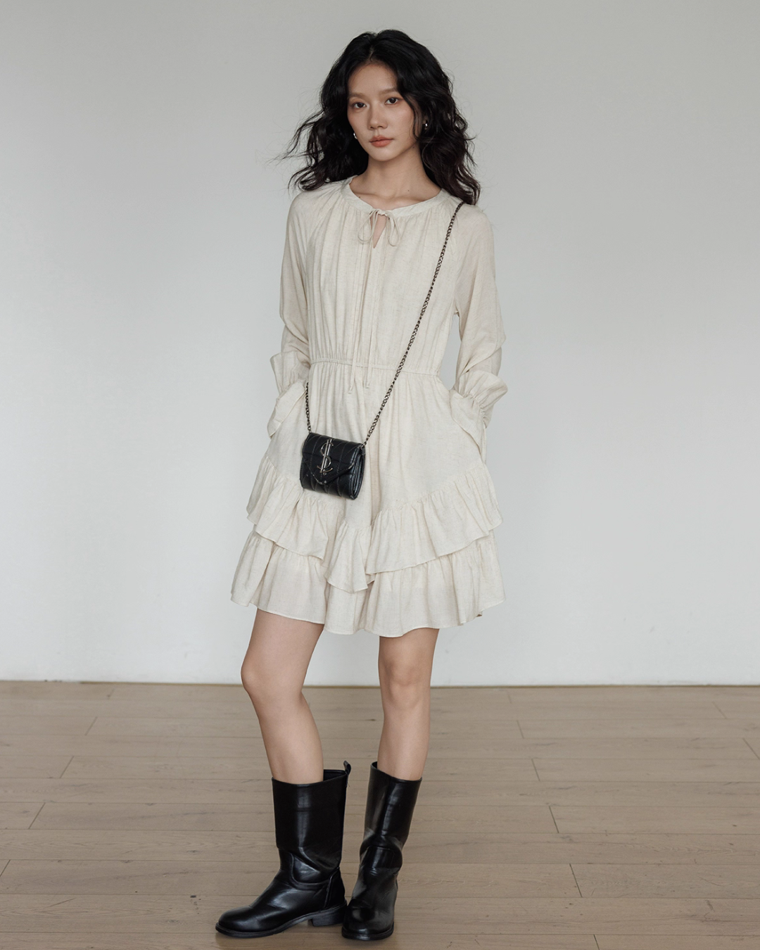 Round Neck Linen Long Sleeve Dress VAS0152