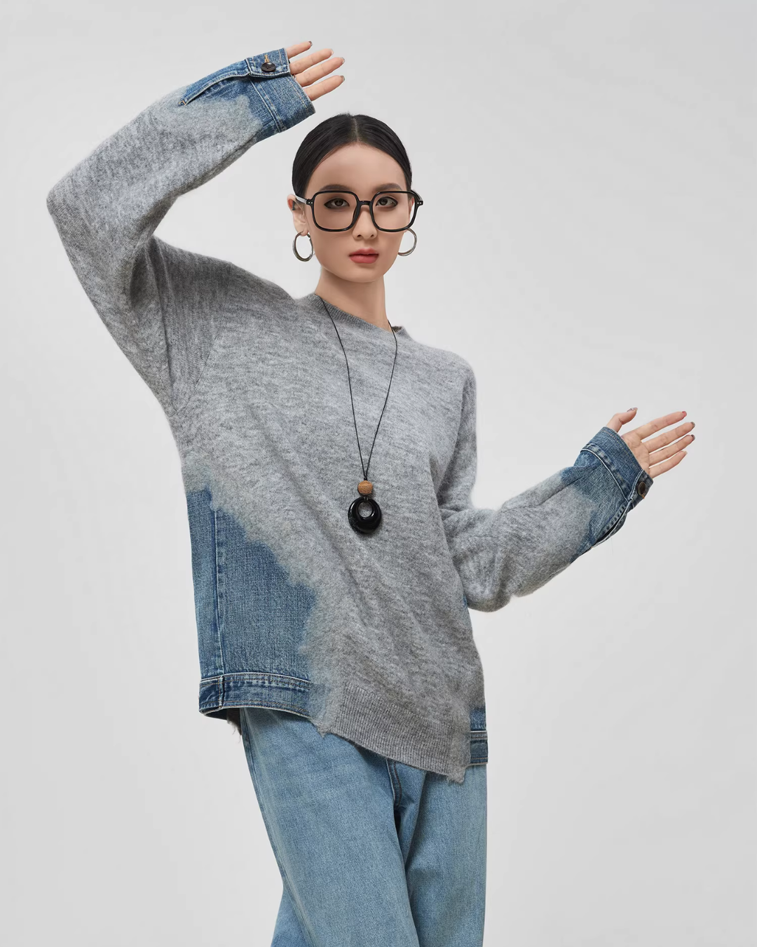 Denim Patchwork Crew Neck Top FER0056