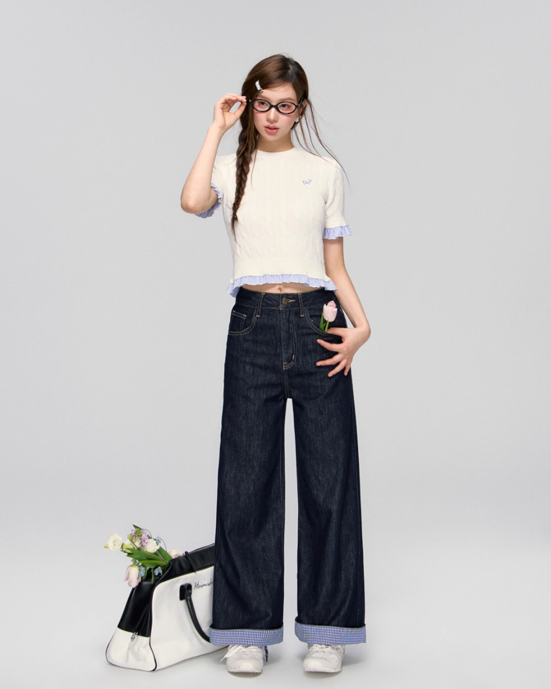 Blue Plaid Patchwork Denim Pants ASG0028