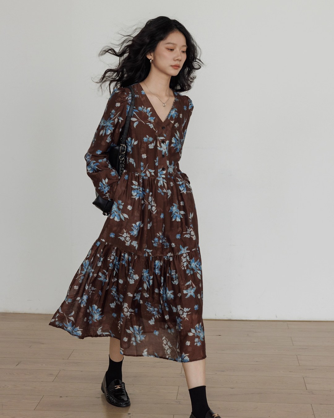V-Neck Linen Print Elegant Dress VAS0151