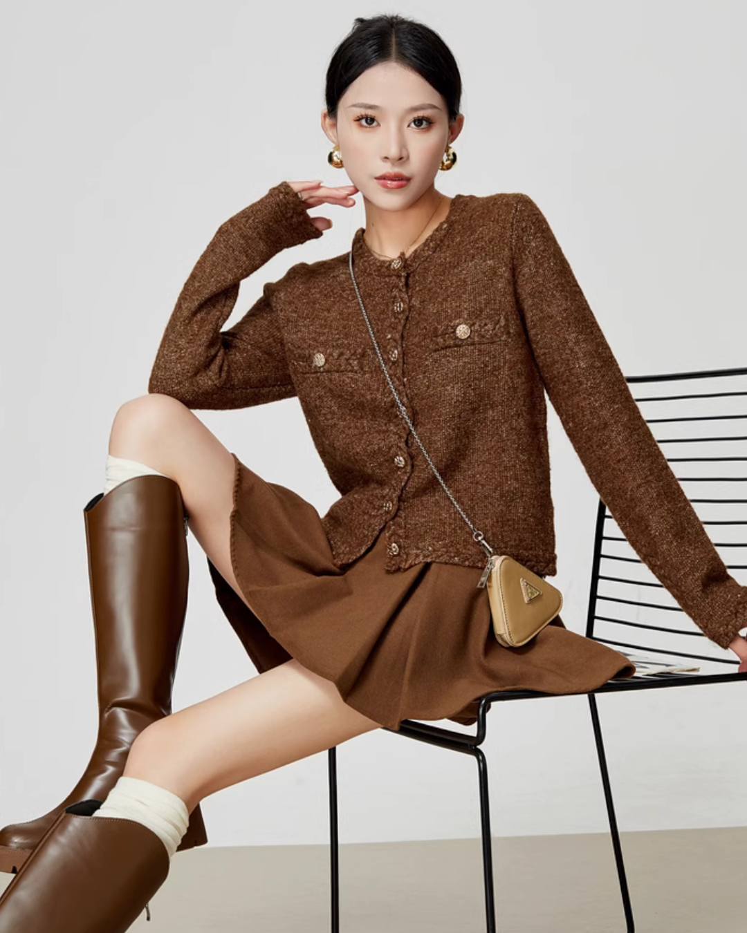 Brown Tweed Jacket / Flared Pleated Skirt LLA0340