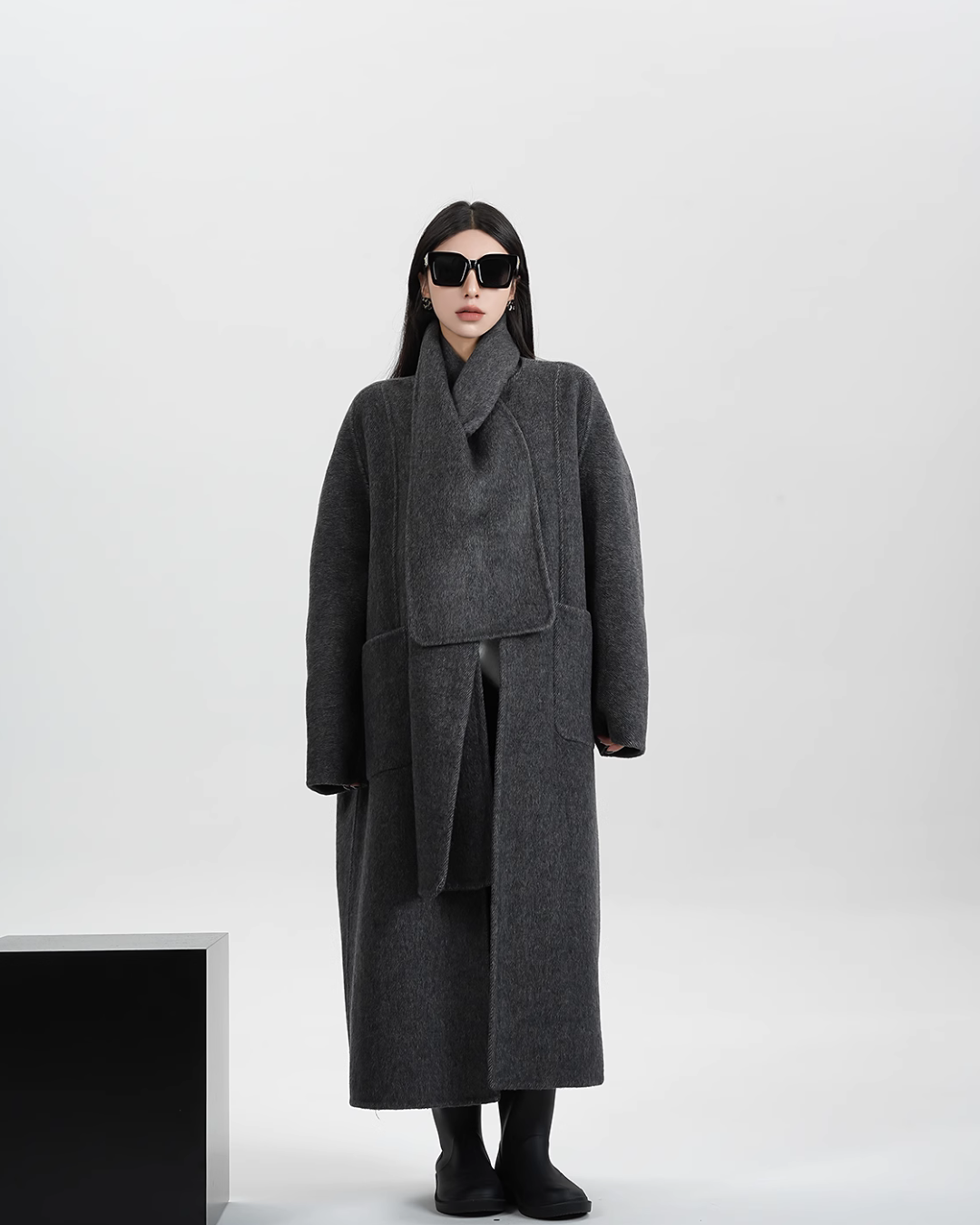 Collarless long coat online