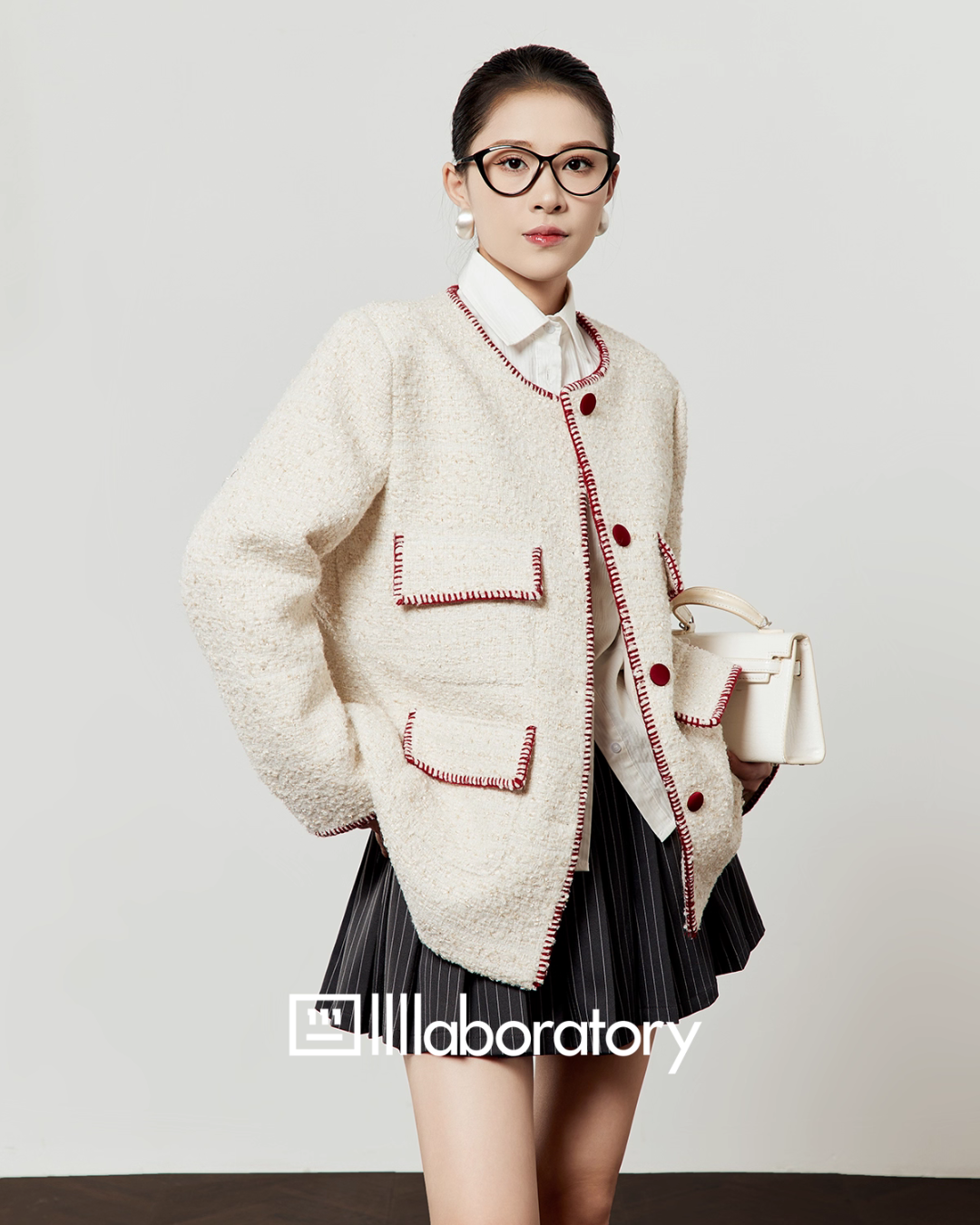 Elegant Tweed Jacket / Striped Pleated Skirt / White Long-Sleeve Shirt LLA0532