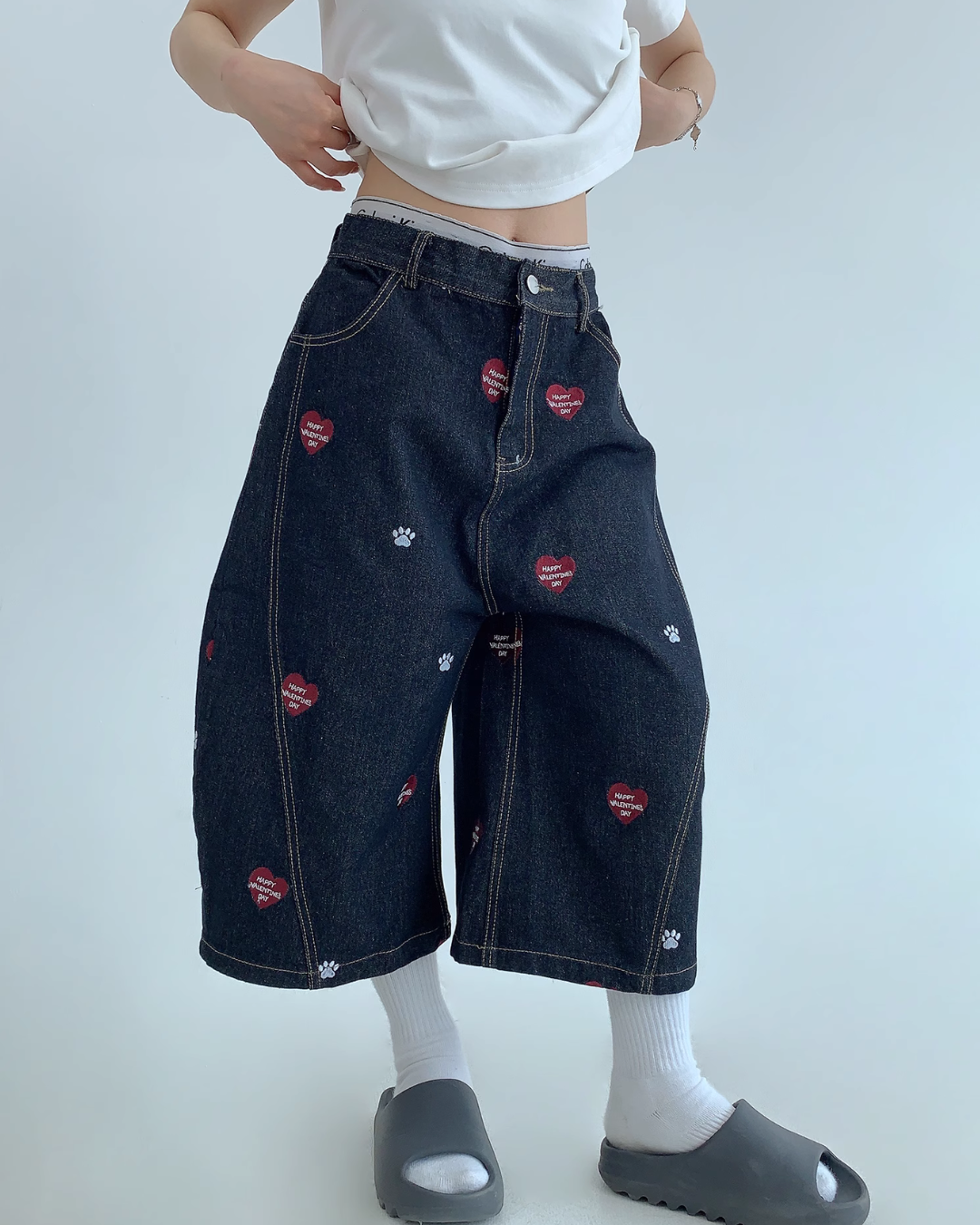 Heart Embroidery Design Wide Denim Pants YLS0851
