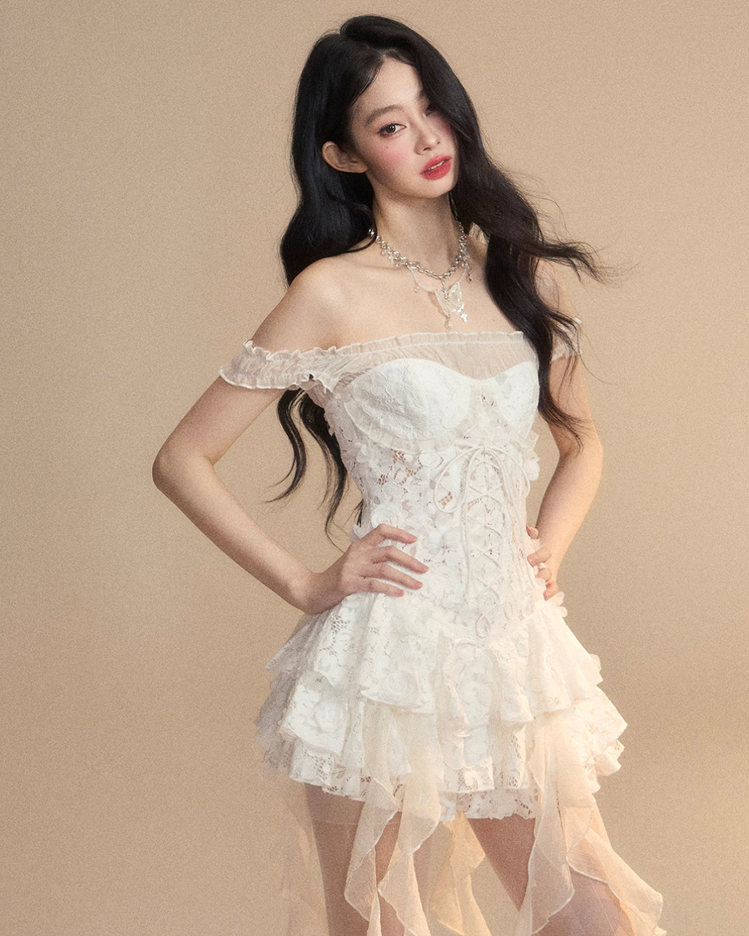 Off-shoulder lace ruffle dress LAS0022