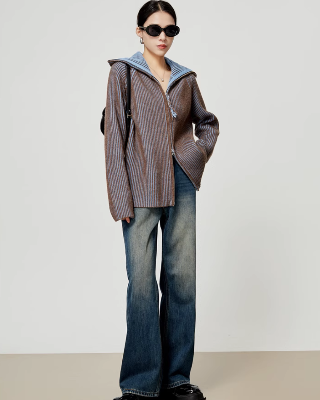 Double Zipper Knit Cardigan / Vintage Denim Pants LLA0344