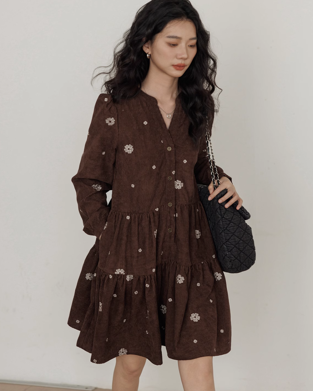 V-Neck Flower Embroidered Dress VAS0001