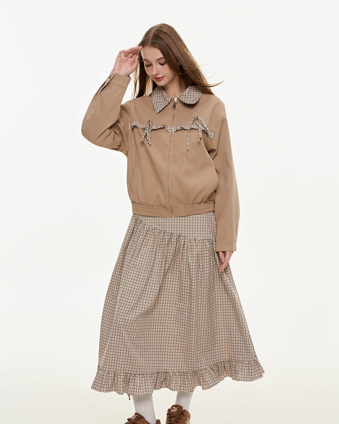 Retro Check Patchwork Jacket / A-Line Skirt MDB0011