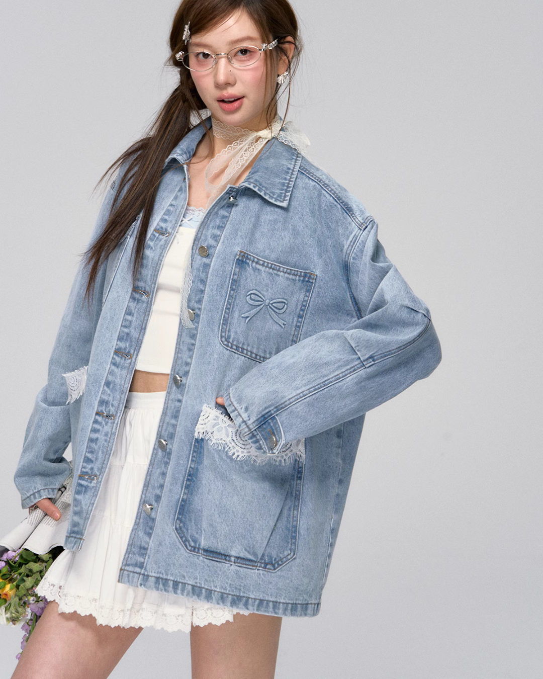 Lace Pocket Denim Jacket / Cropped Lace Camisole ASG0029